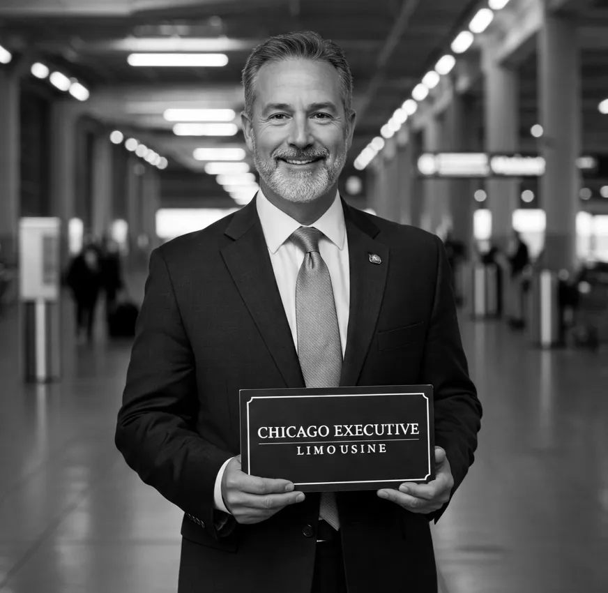 Professional Chicago Executive Limousine chauffeur holding a name sign in an airport terminal
