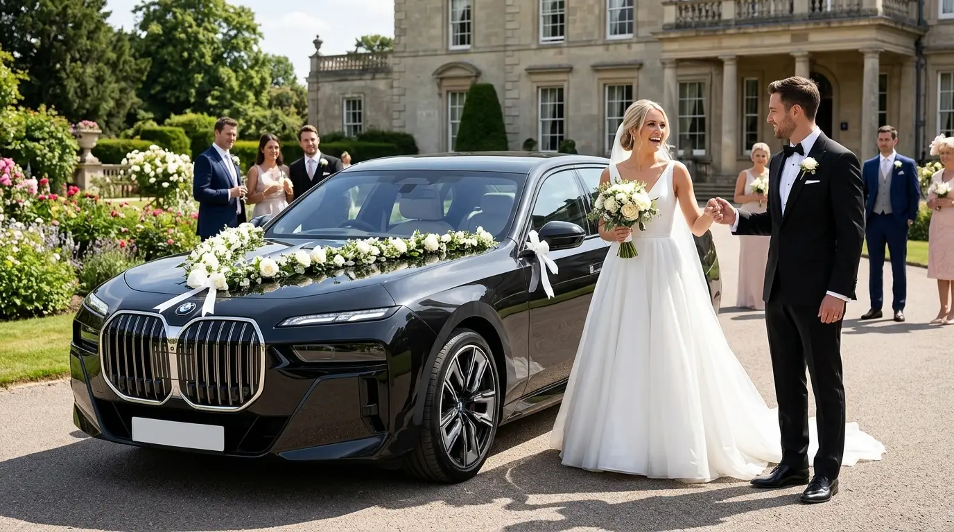 Bride and groom beside a black 2026 BMW 7 Series sedan at an elegant wedding